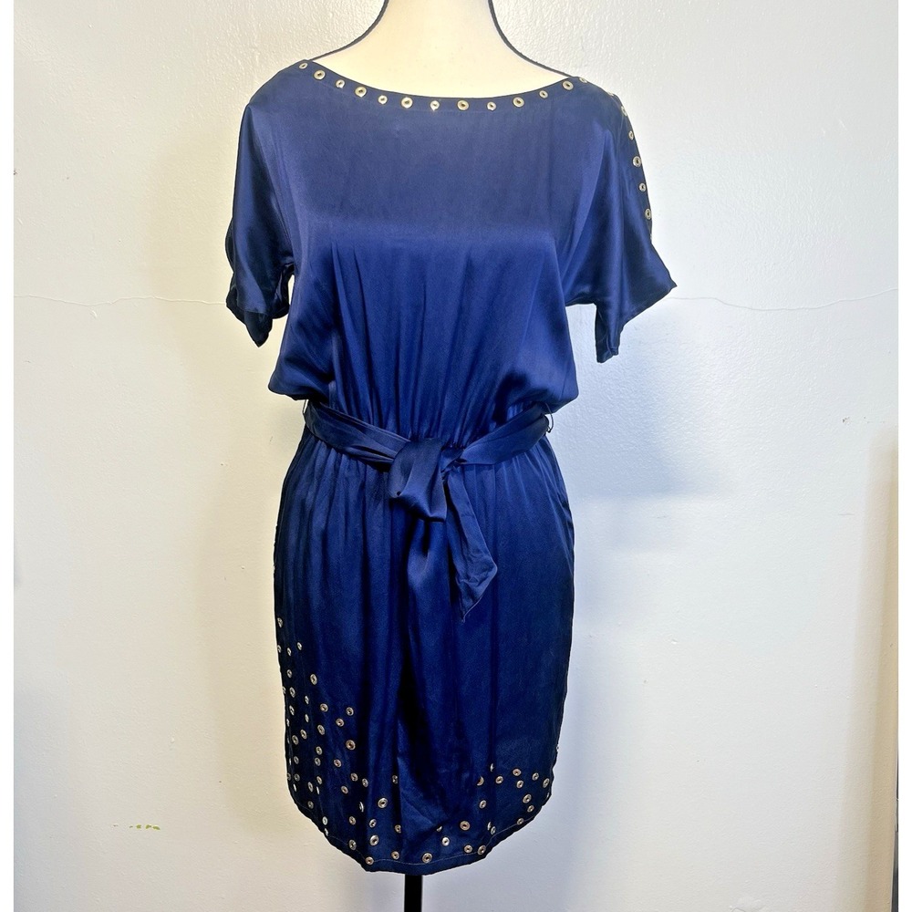 Vintage Cache Navy‎ Blue Mini Dress Pleated Studded Cinched Sz XS Party